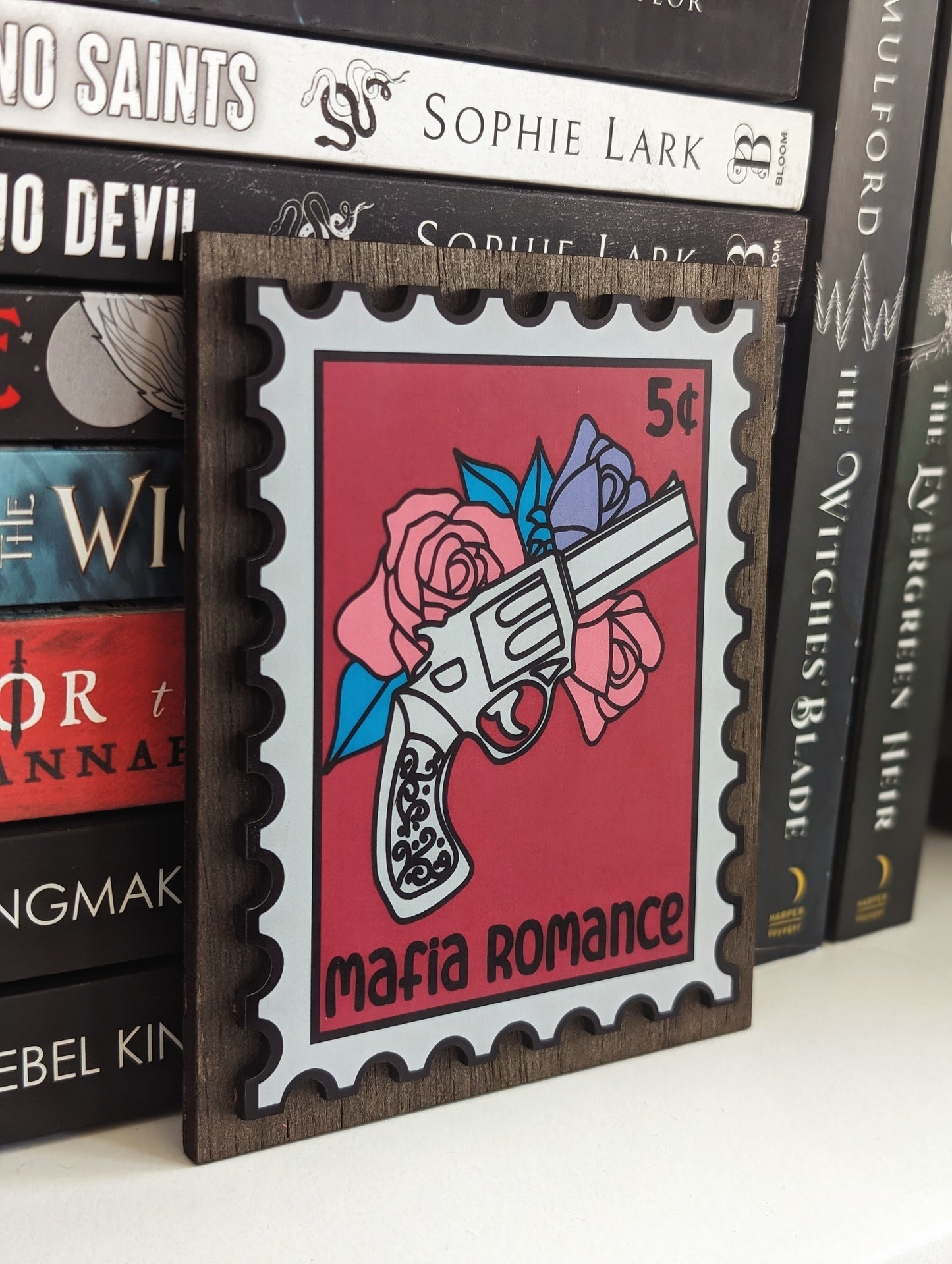 Mafia Romance | Stamp Collection | Wooden Bookshelf Sign