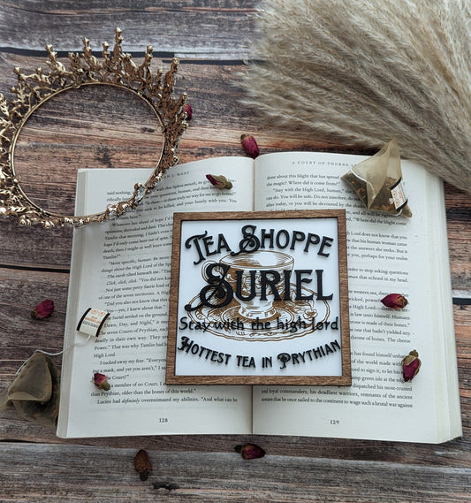 The Suriel Tea Shoppe Licensed Bookshelf Sign - Quill & Cauldron