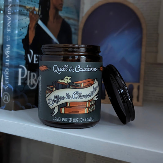 Coffee and Chronicles 8oz Wood Wick Soy Candle - Quill & Cauldron