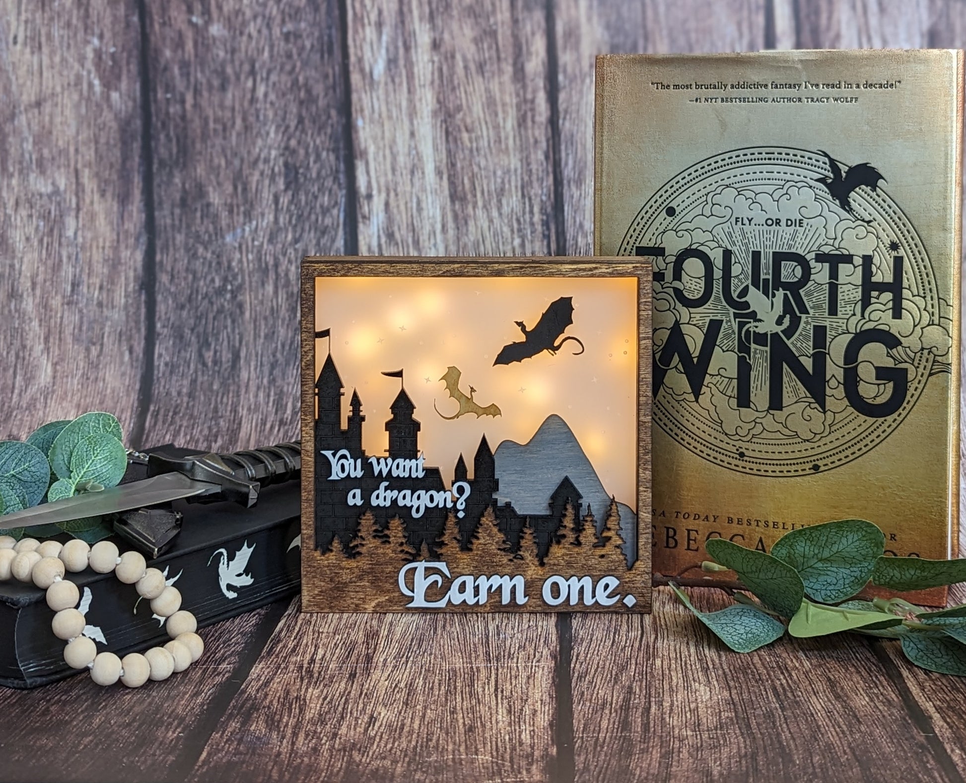 * Retired* Monochrome You want a dragon? Earn one. | Licensed Fourth Wing Lighted Shelf Sign - Quill & Cauldron