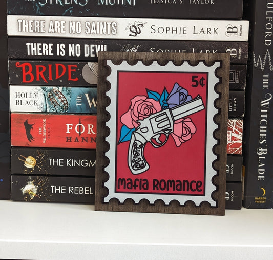 Mafia Romance | Stamp Collection | Wooden Bookshelf Sign