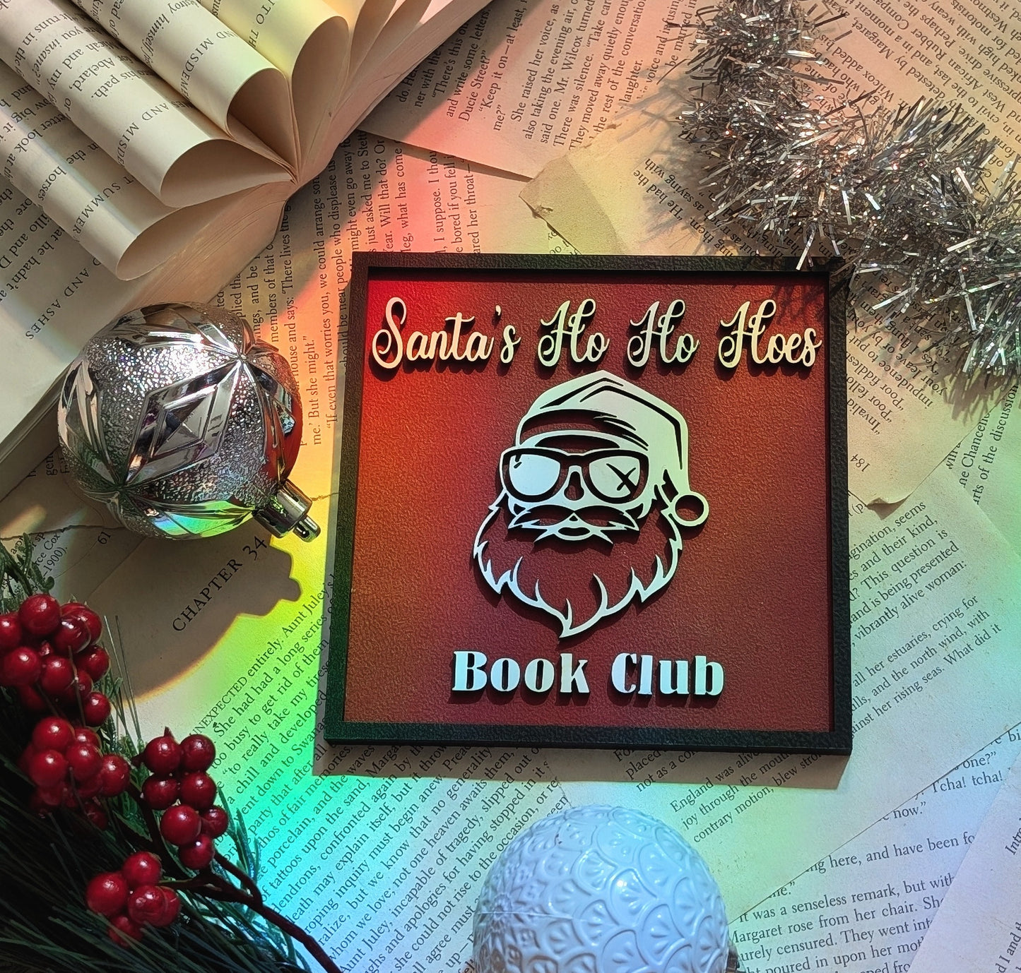 Santa's Ho Ho Hoes Book Club Holiday Bookshelf Sign