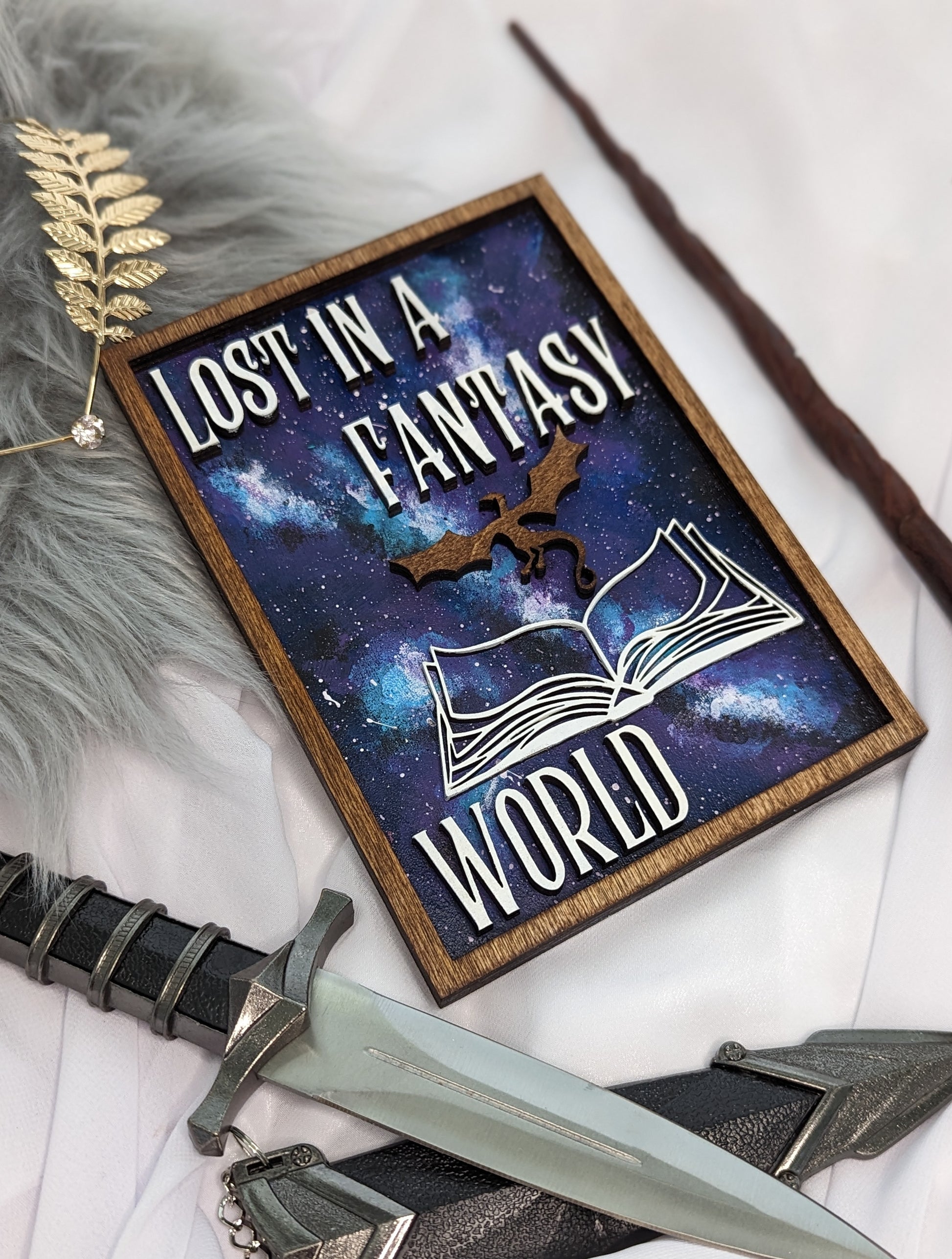 Lost in a Fantasy World | Wooden Bookshelf Sign - Quill & Cauldron