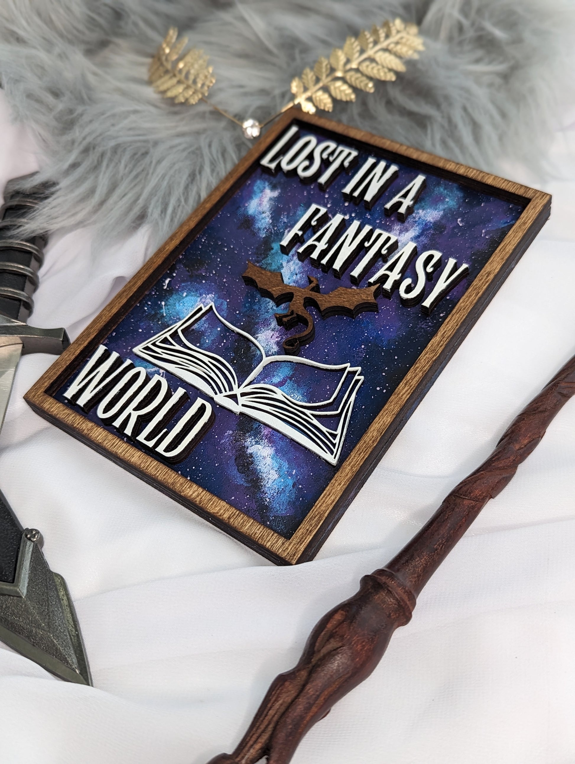 Lost in a Fantasy World | Wooden Bookshelf Sign - Quill & Cauldron