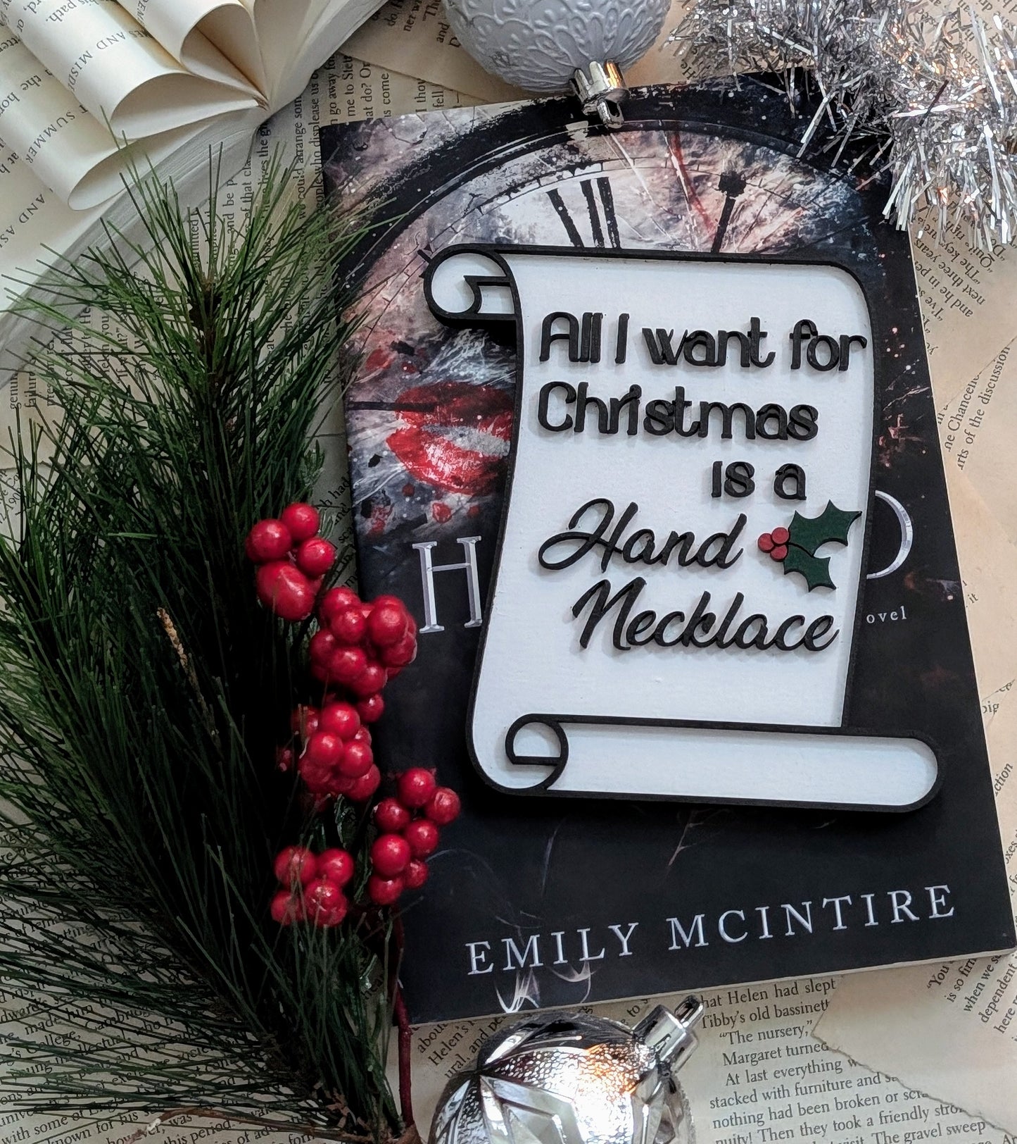 All I want for Christmas is a Hand Necklace Holiday Bookshelf Sign