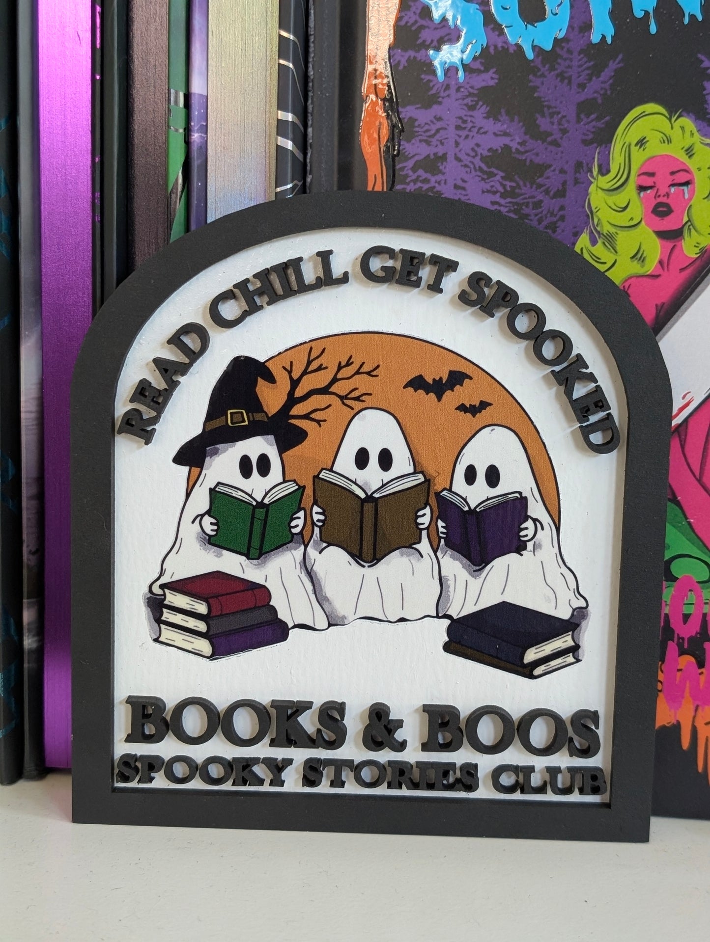 Books & Boos Spooky Stories Club Spooky Collection Bookshelf Sign