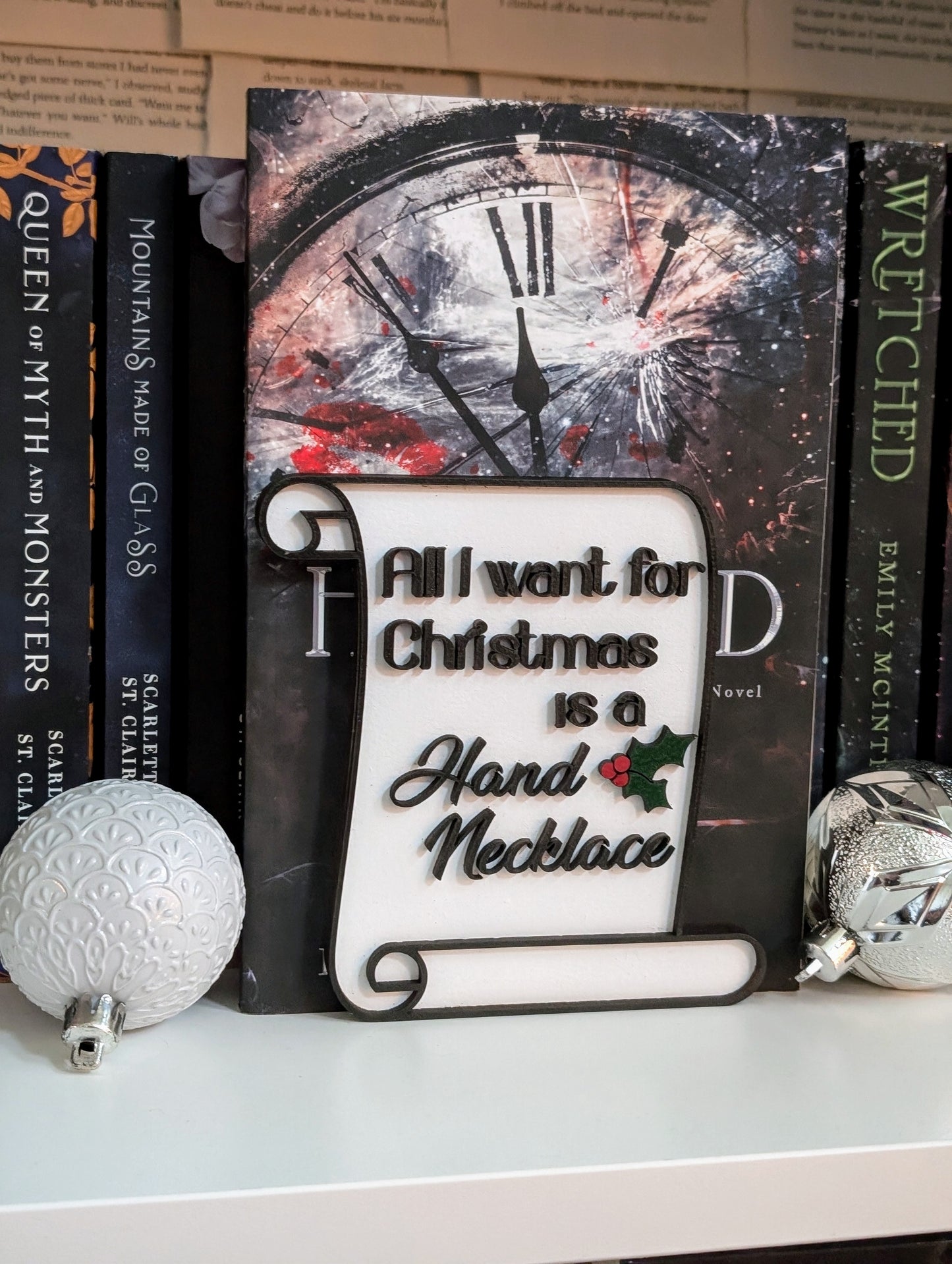 All I want for Christmas is a Hand Necklace Holiday Bookshelf Sign