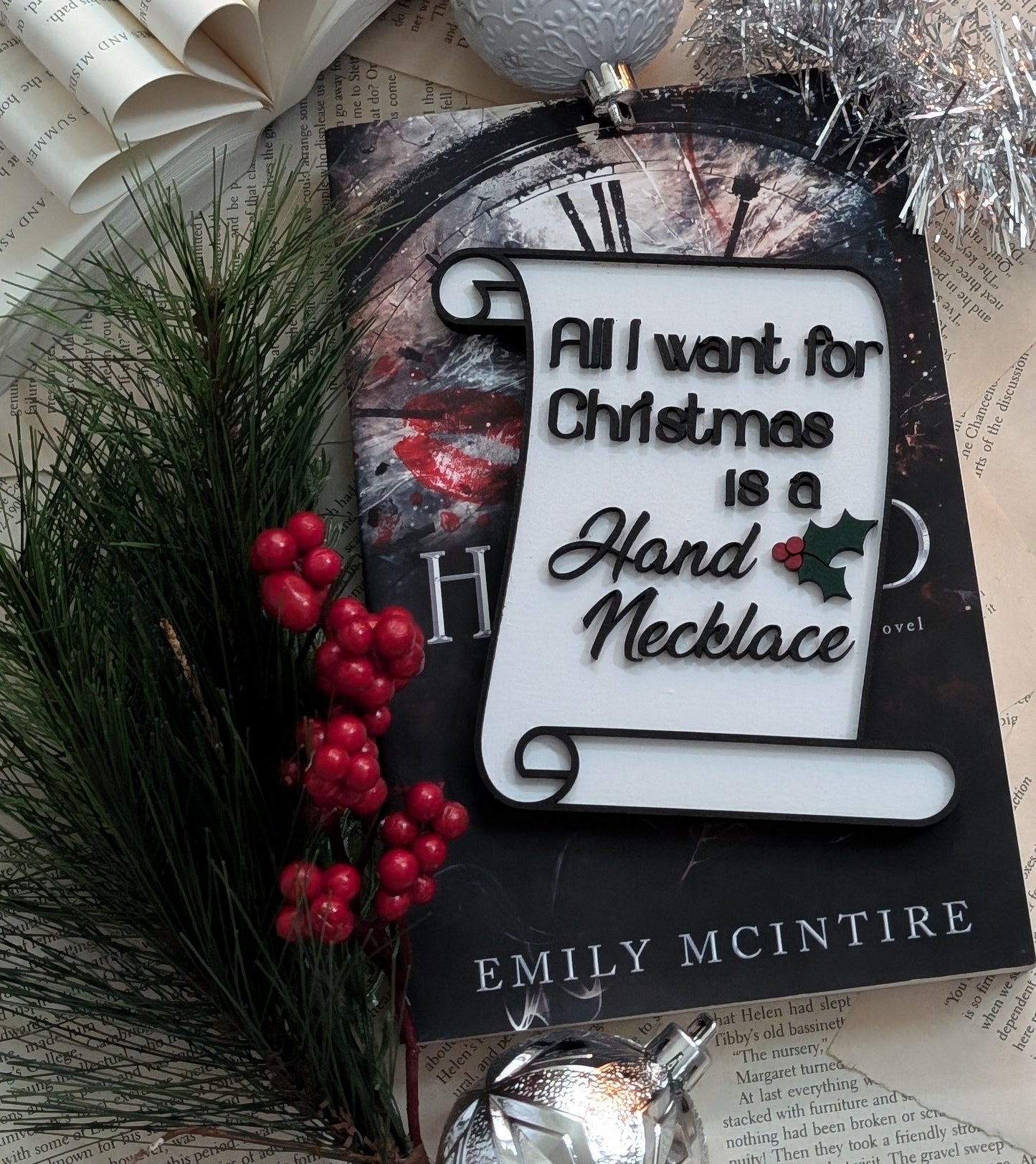 All I want for Christmas is a Hand Necklace Holiday Bookshelf Sign