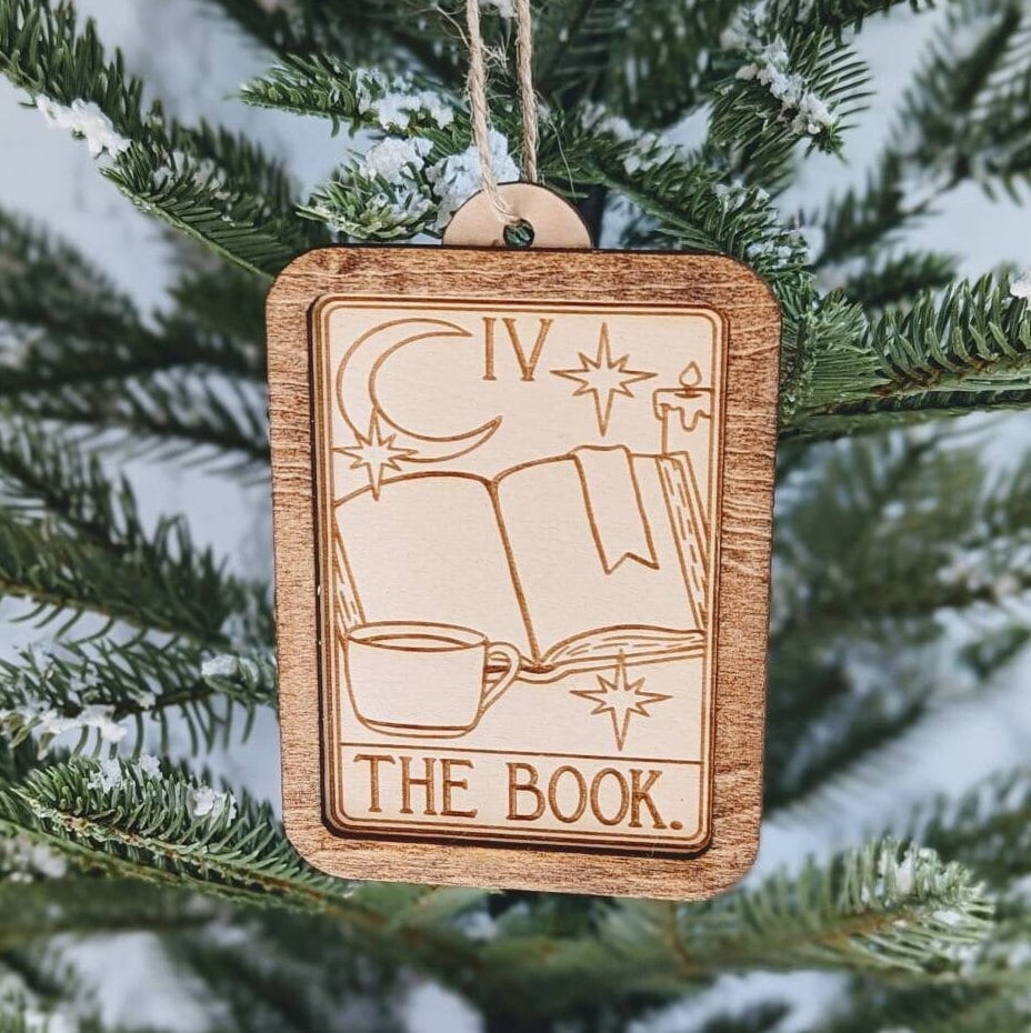 The Book Tarot Card car mirror charm, Wooden Geeky Bookish Decorations, holiday ornament, gift for reader, rear view hanger, car decor - Quill & Cauldron